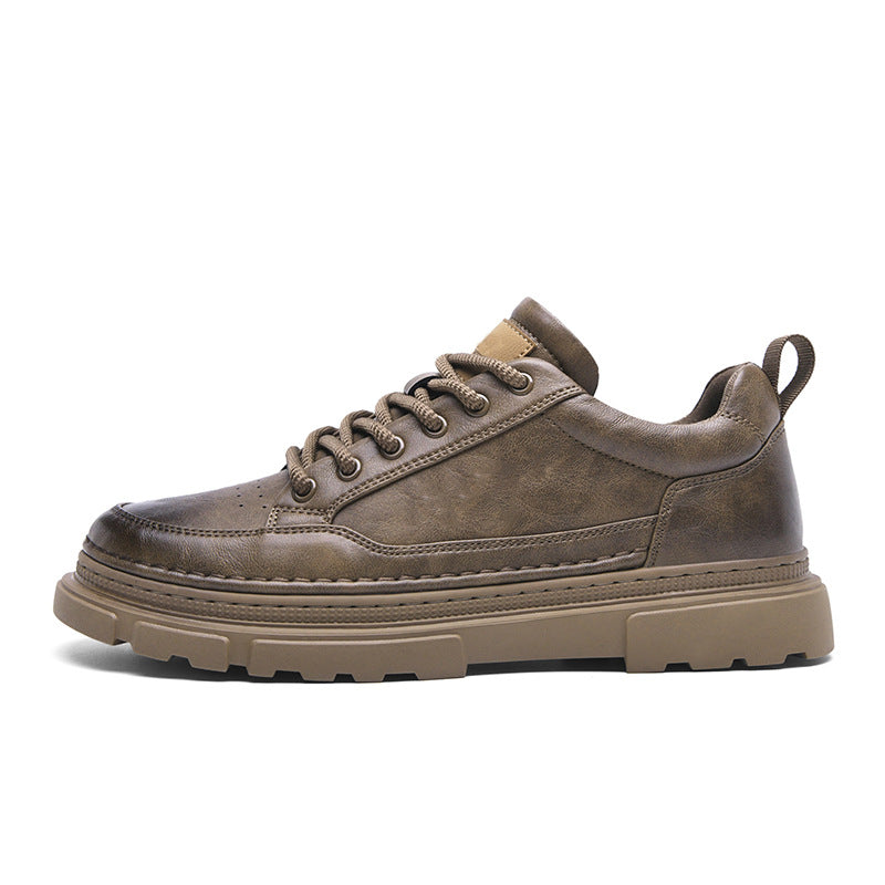Men's brown platform platform casual work shoes with distressed leather upper and soft sole.