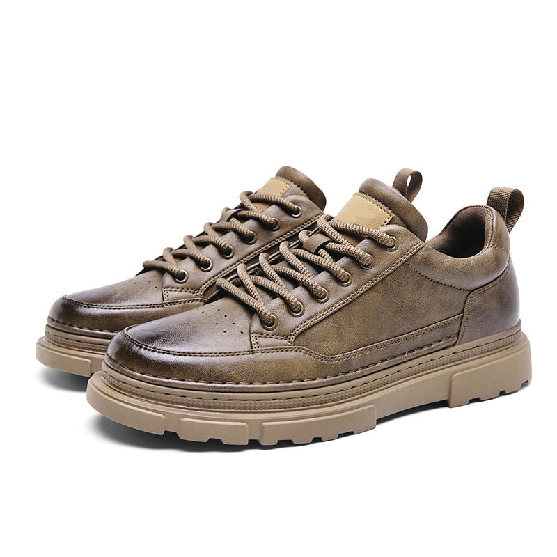 Men's brown platform platform casual work shoes with distressed leather upper and soft sole.