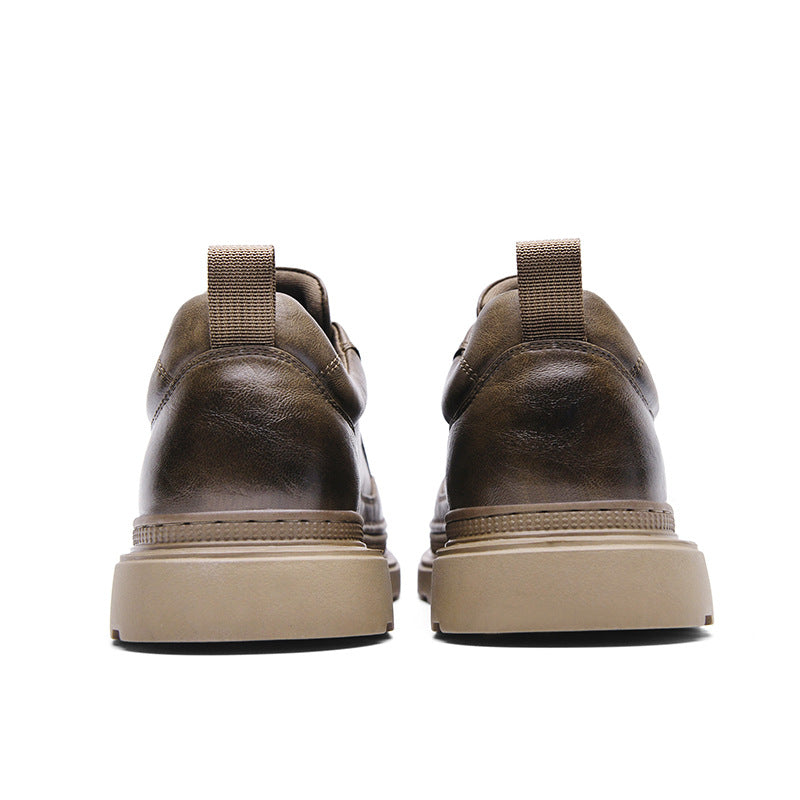 Men's brown platform platform casual work shoes with distressed leather upper and soft sole.
