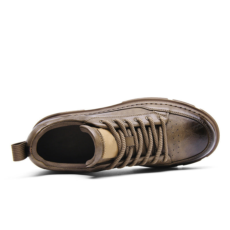 Men's brown platform platform casual work shoes with distressed leather upper and soft sole.